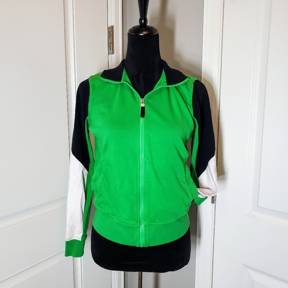 Chaps Stretchy Cotton Green and Black Zip-Up Sweat Jacket 70s Track Jacket EUC - Picture 11 of 16